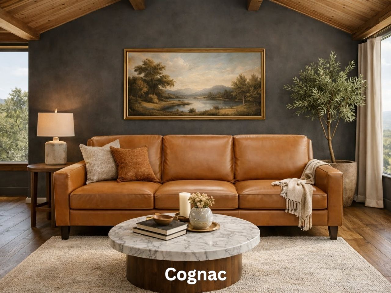 A warm tan cognac leather loveseat styled with textured pillows and a potted olive tree.