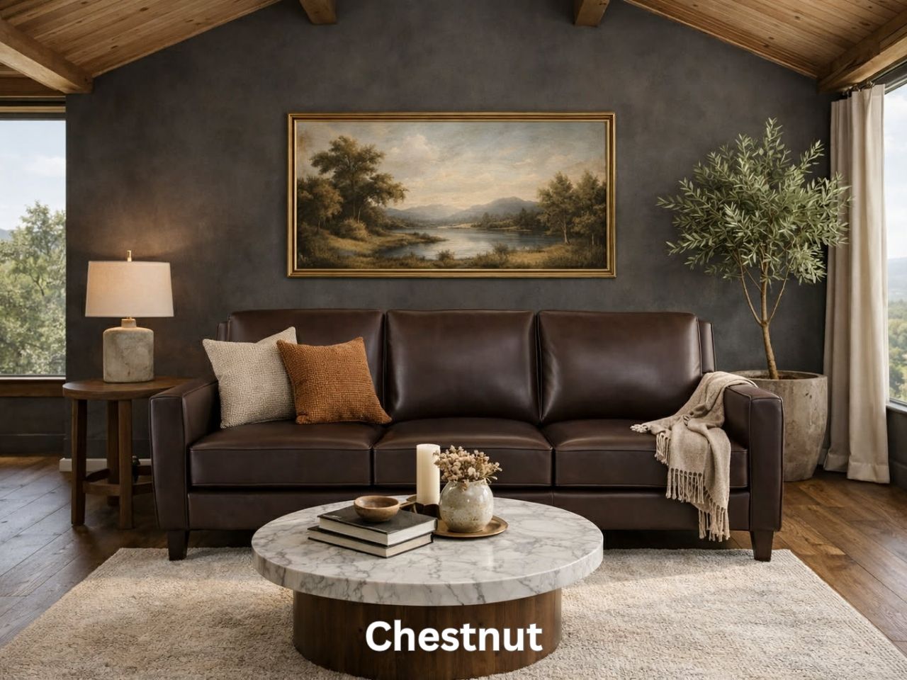 A deep, rich chocolate-brown leather sofa that emphasizes the rustic-modern aesthetic.
