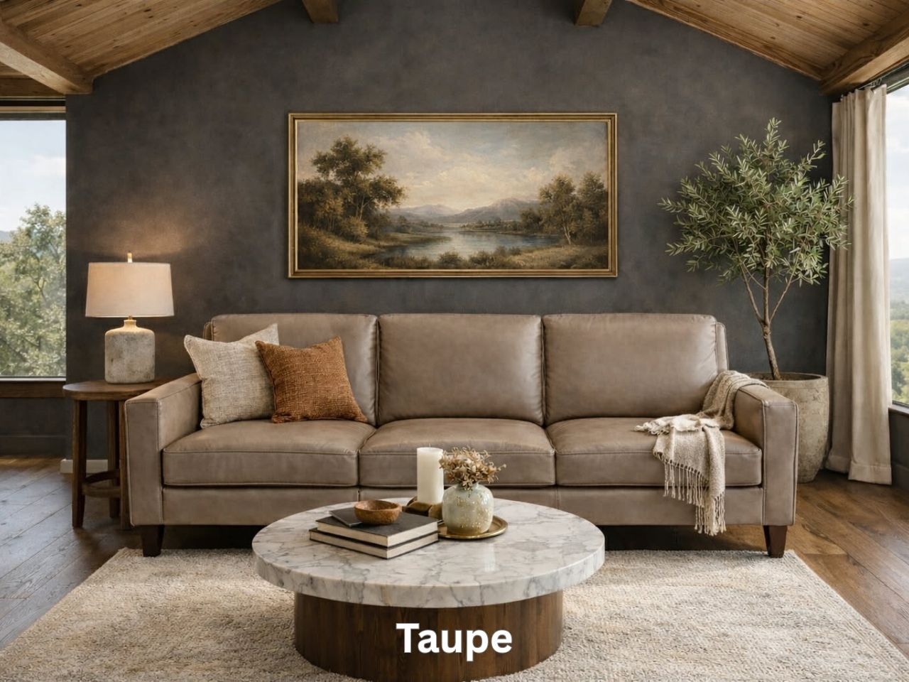 A three-cushion neutral taupe leather sofa labeled "Taupe" featuring a large gold-framed landscape painting above it.