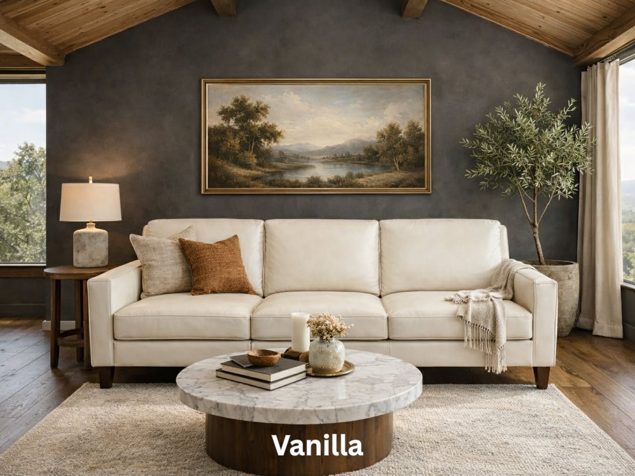 A three-cushion cream leather sofa labeled 'Vanilla' centered in a moody living room with a dark accent wall and marble coffee table.