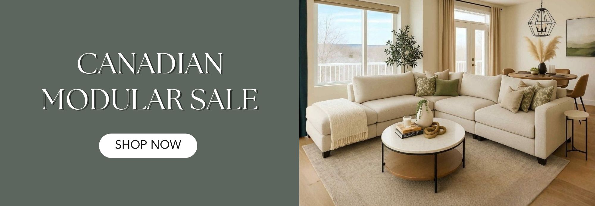 Living room with affordable sectional sofa and coffee table in Calgary. Shop Showhome furniture today.