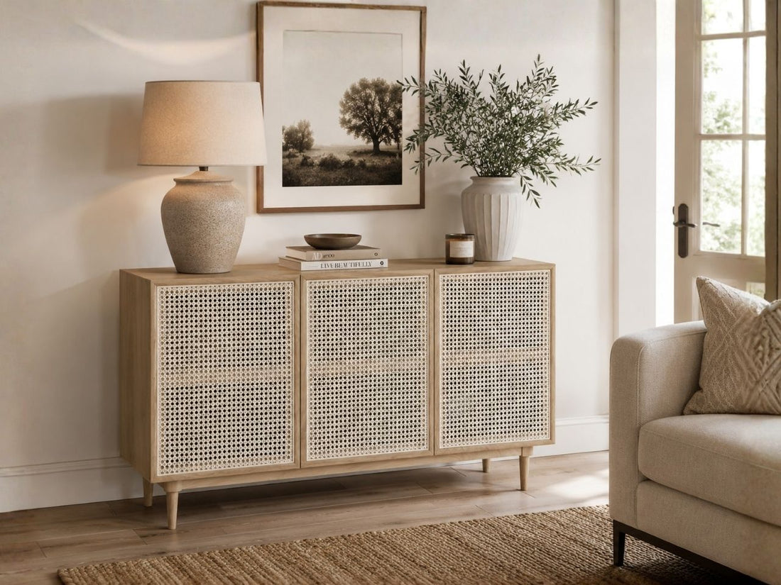 Light wood sideboard with woven cane doors and a relaxed organic style.