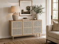 Light wood sideboard with woven cane doors and a relaxed organic style.