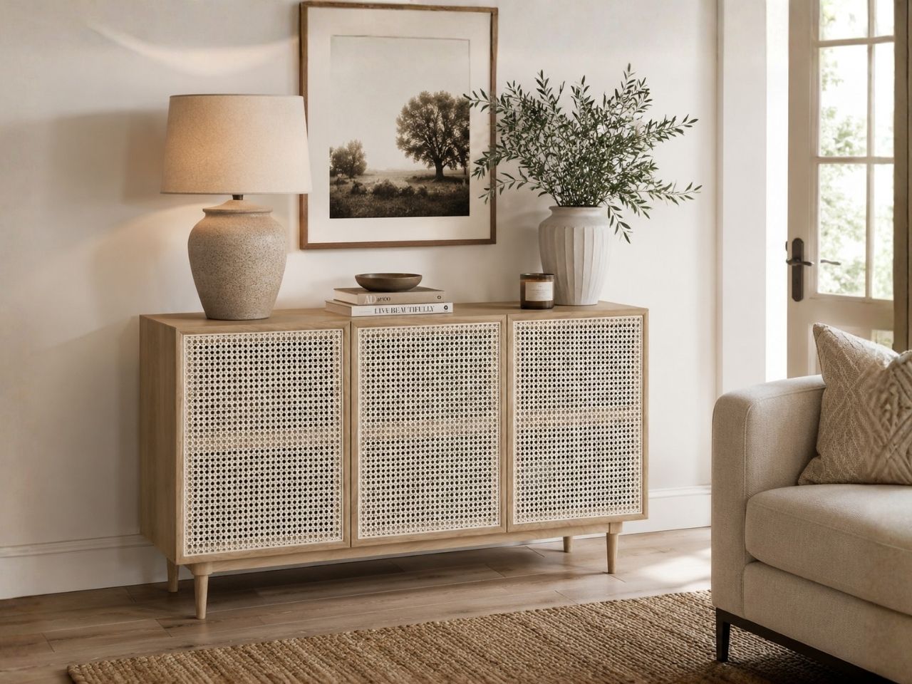 Light wood sideboard with woven cane doors and a relaxed organic style.