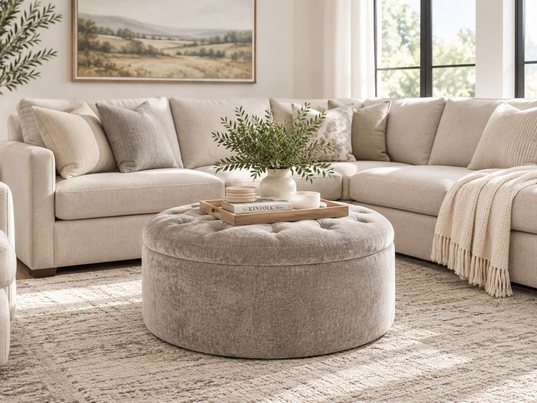 Round grey tufted ottoman styled with a cream sectional in a bright modern living room, perfect for ottoman furniture in Calgary and cozy contemporary home décor.