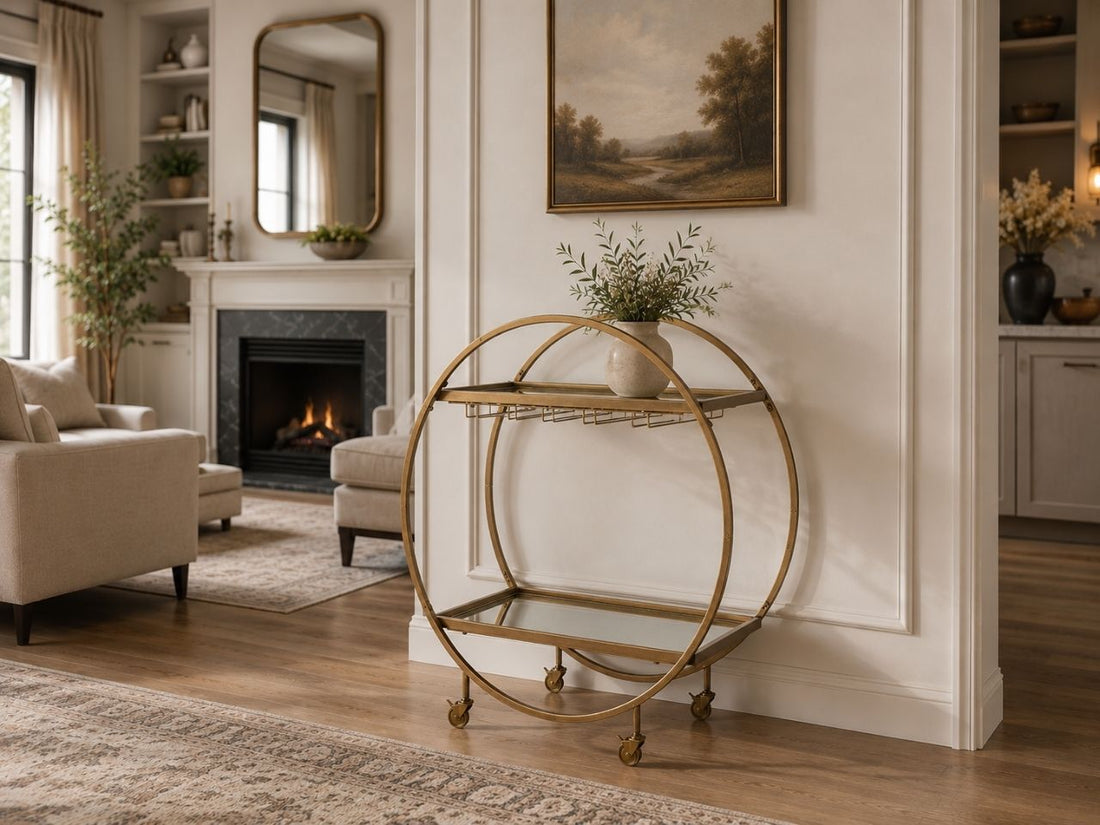 Gold circular bar cart styled with a ceramic vase in a sophisticated living room with a fireplace.