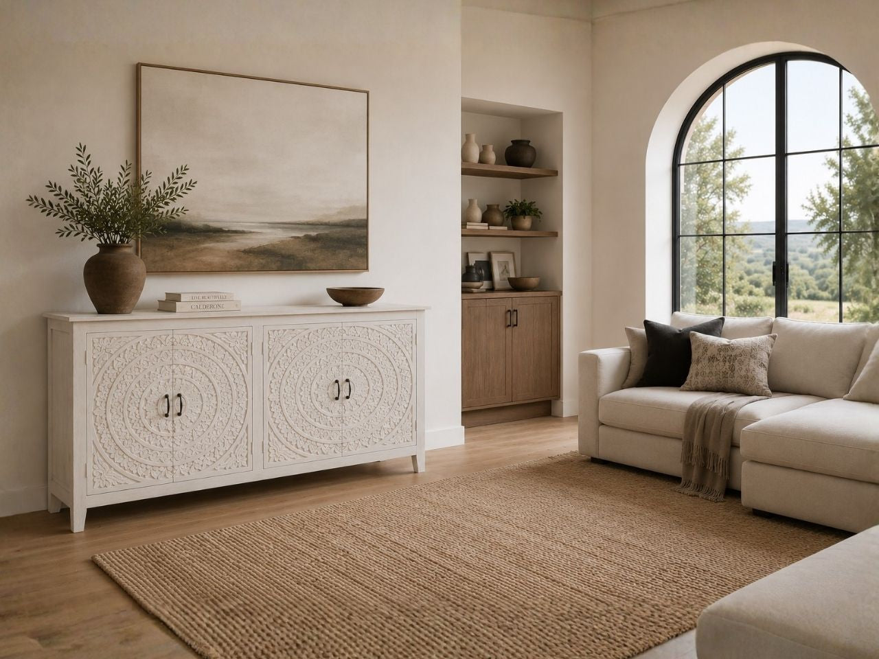 Elegant white sideboard showcasing intricate hand-carved lace-inspired detailing and timeless charm.