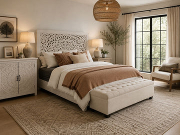 White carved wood king bed in a bright, modern bedroom with neutral bedding and a tufted bench.