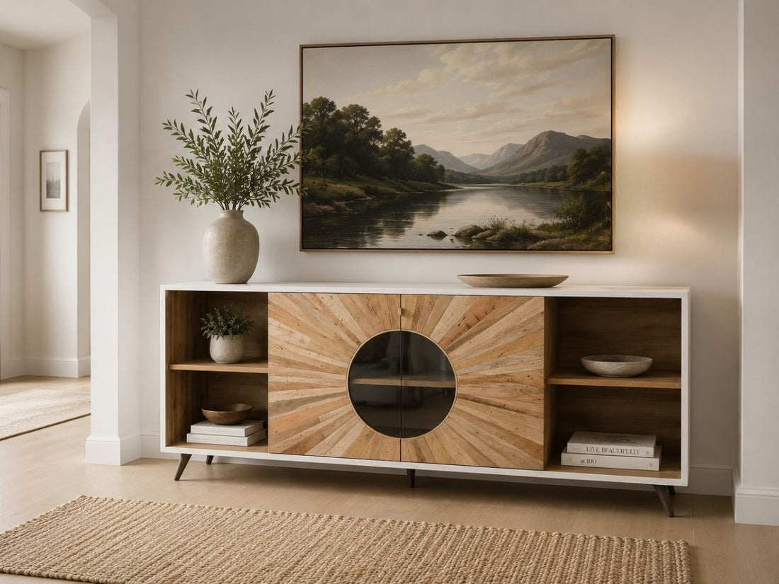 Sideboard with a sunburst wood design and open shelving.