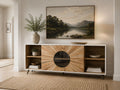 Sideboard with a sunburst wood design and open shelving.