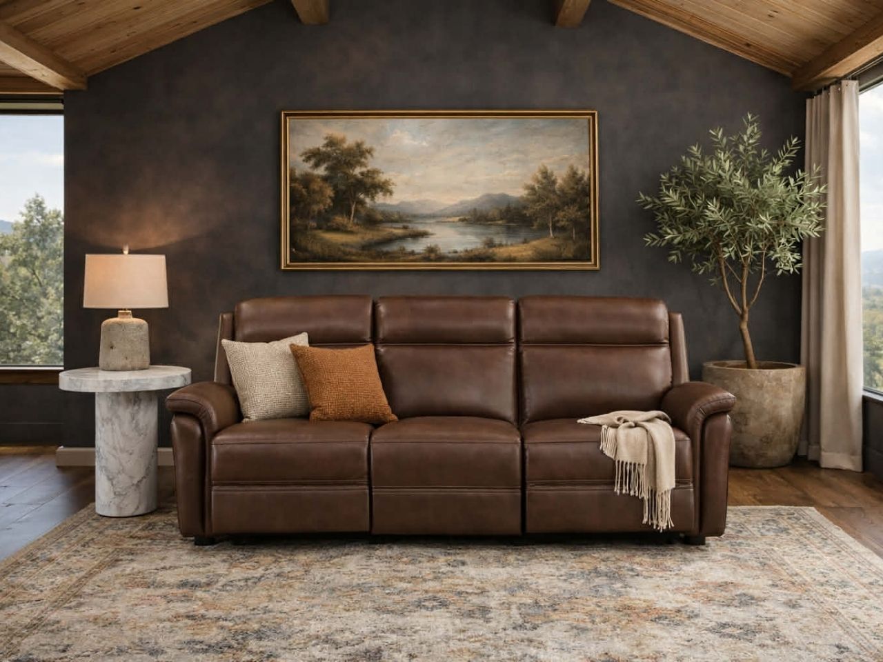 Pecan leather power-reclining sofa in a moody living room with a dark charcoal accent wall and marble side table.