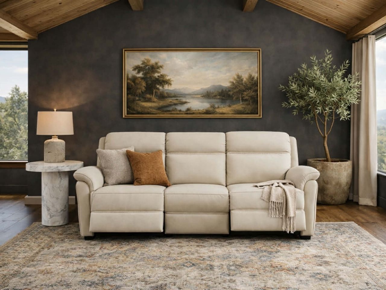Cream-colored three-cushion reclining sofa in a moody room with a marble side table.