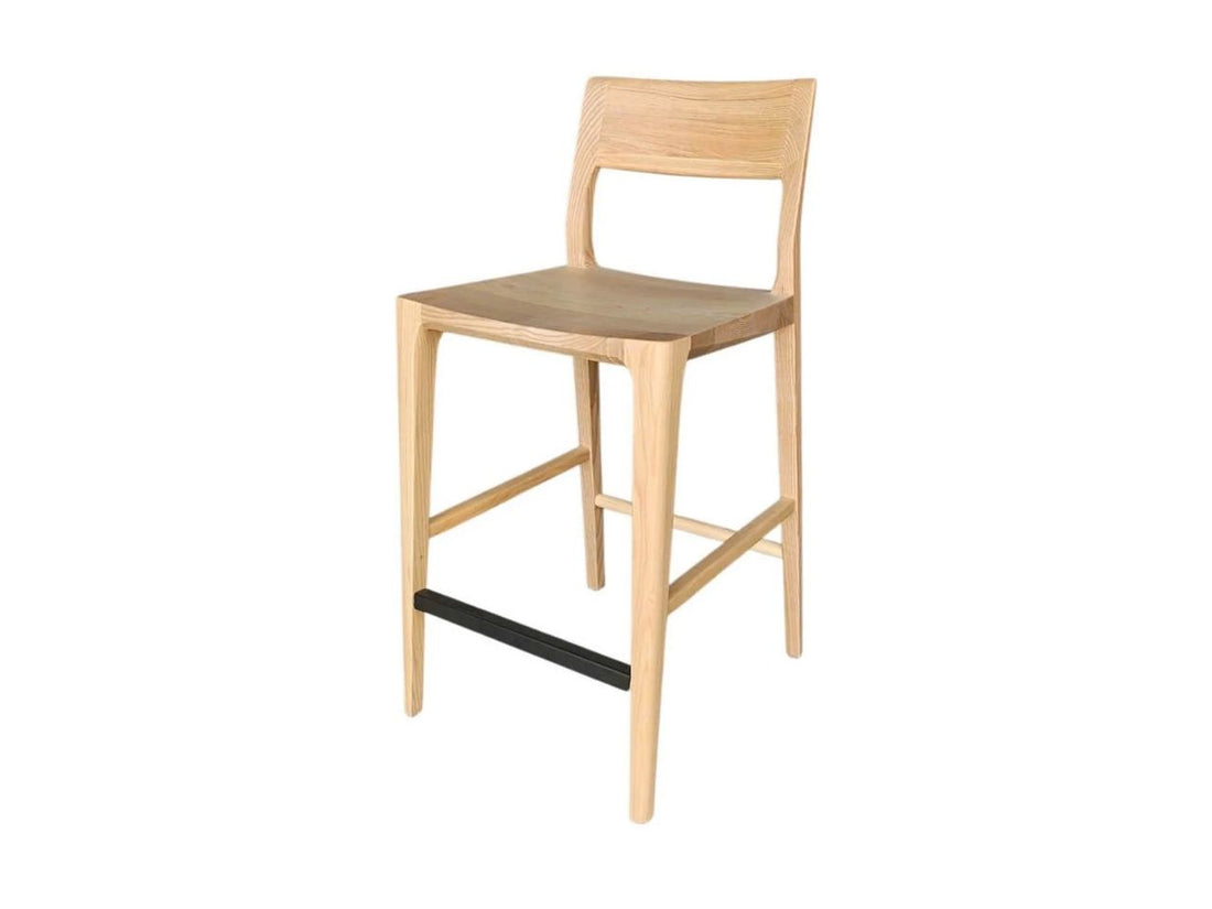 Natural wood counter stool with curved backrest on a white background.