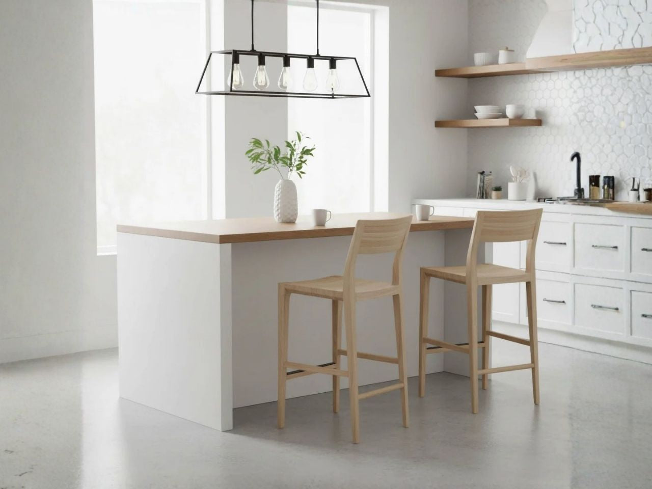 Natural wood counter stools at a white kitchen island in a modern kitchen.