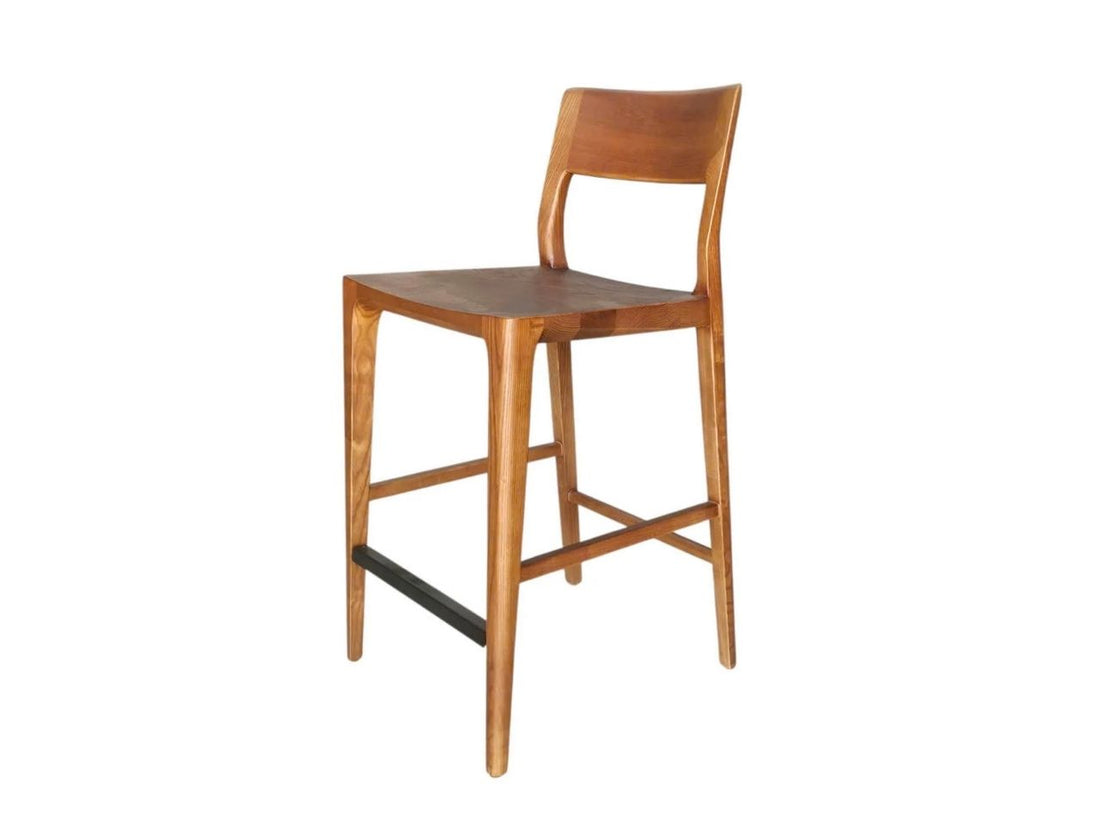 Wood counter stool with curved backrest on a white background.