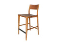 Wood counter stool with curved backrest on a white background.