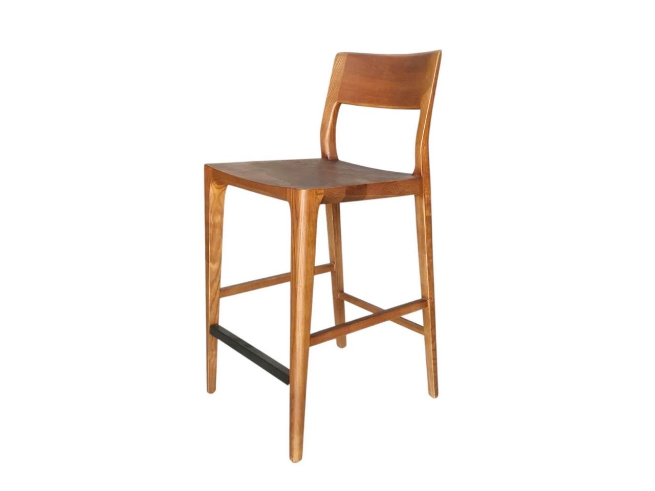 Wood counter stool with curved backrest on a white background.