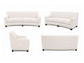 Curved neutral fabric sofa shown from four angles on a white background.