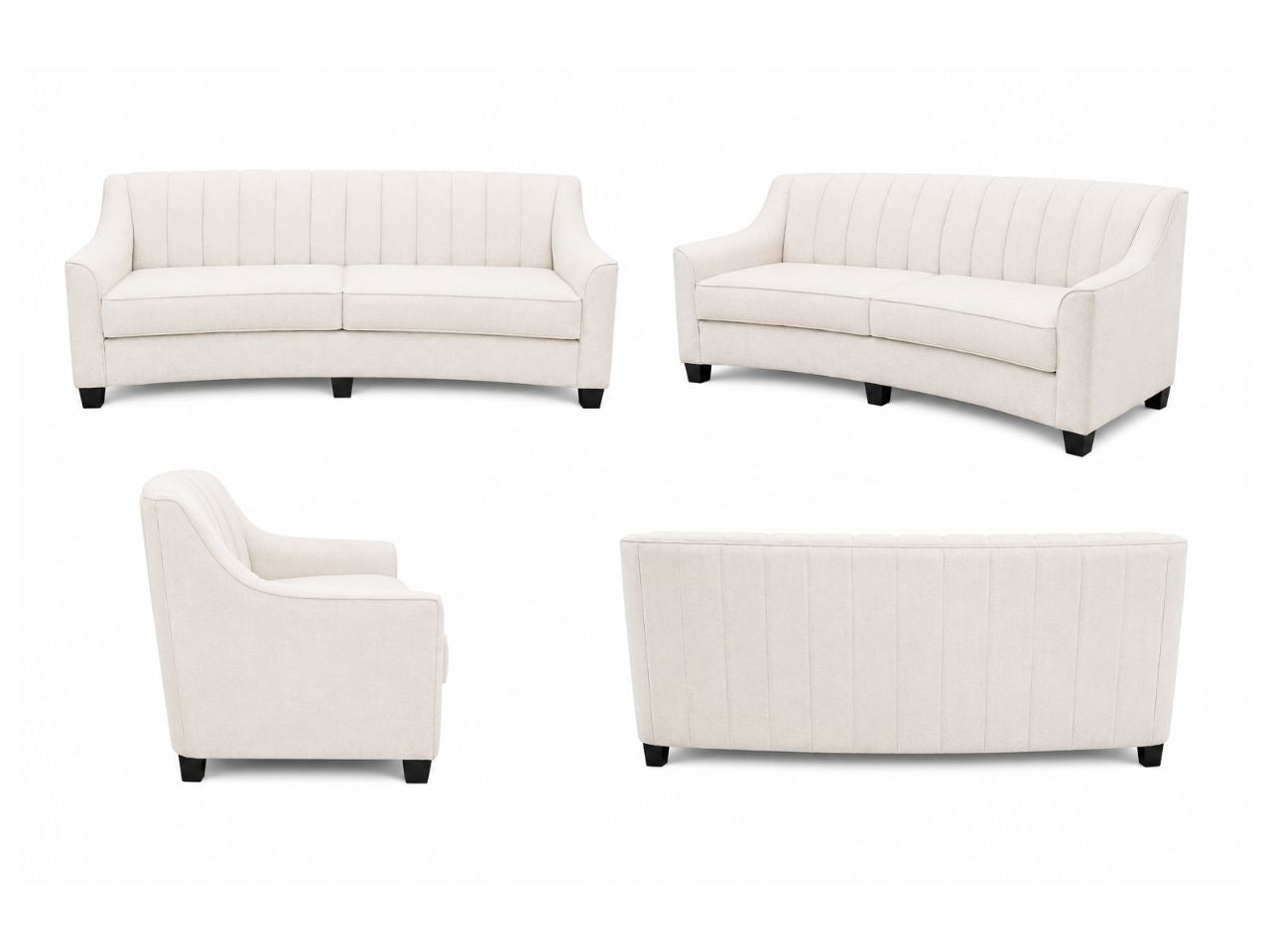 Curved neutral fabric sofa shown from four angles on a white background.