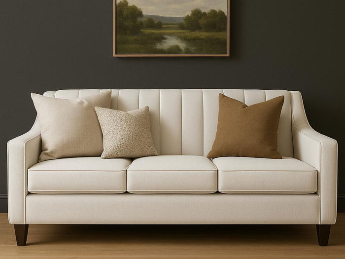 Custom Chanel sofa with decorative pillows against a dark wall with a painting.