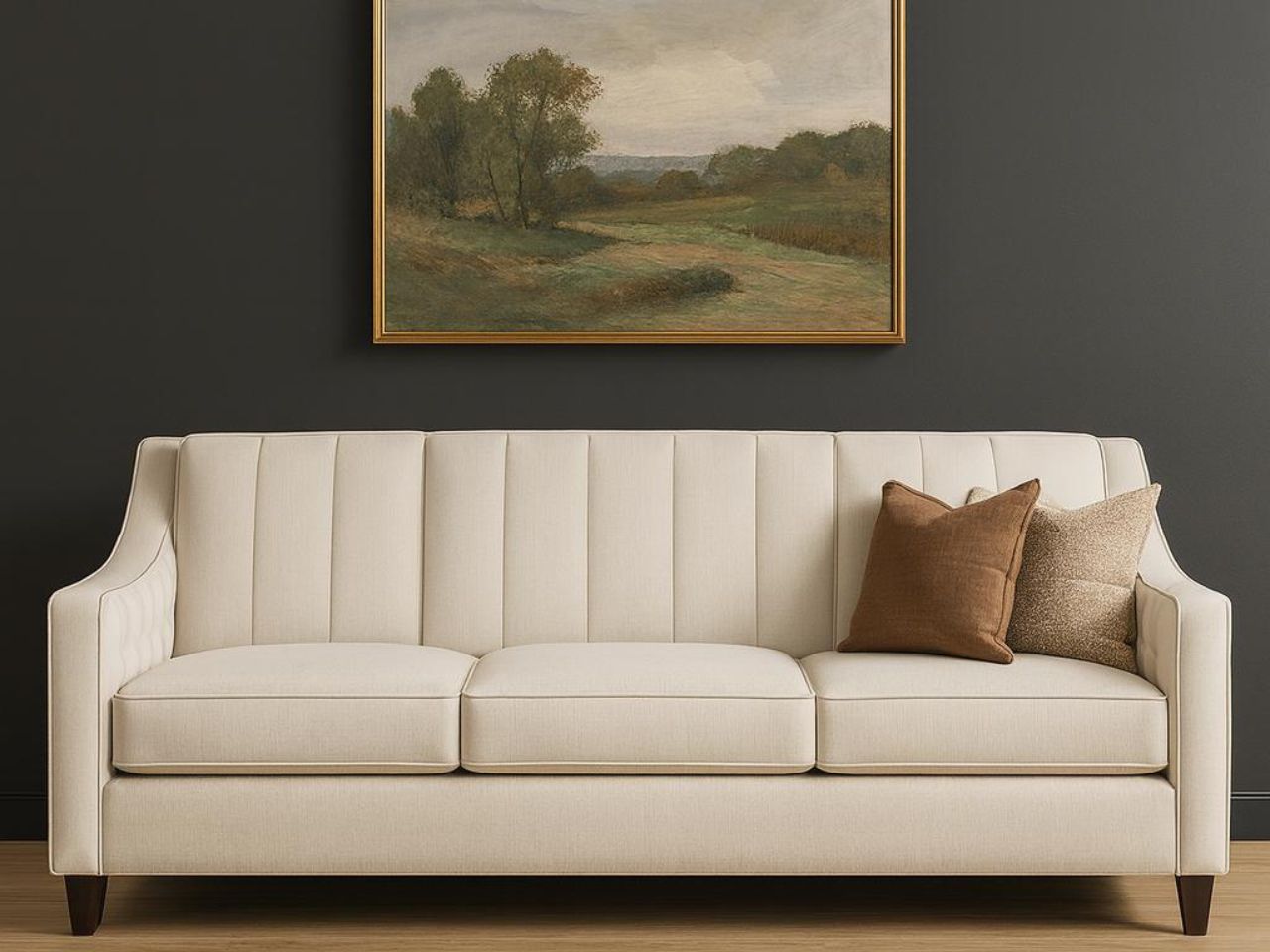 Custom Chanel sofa with brown pillows against a dark wall with a landscape painting.
