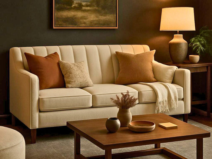 Cozy living room with Custom Chanel sofa, wooden coffee table, and decorative items.