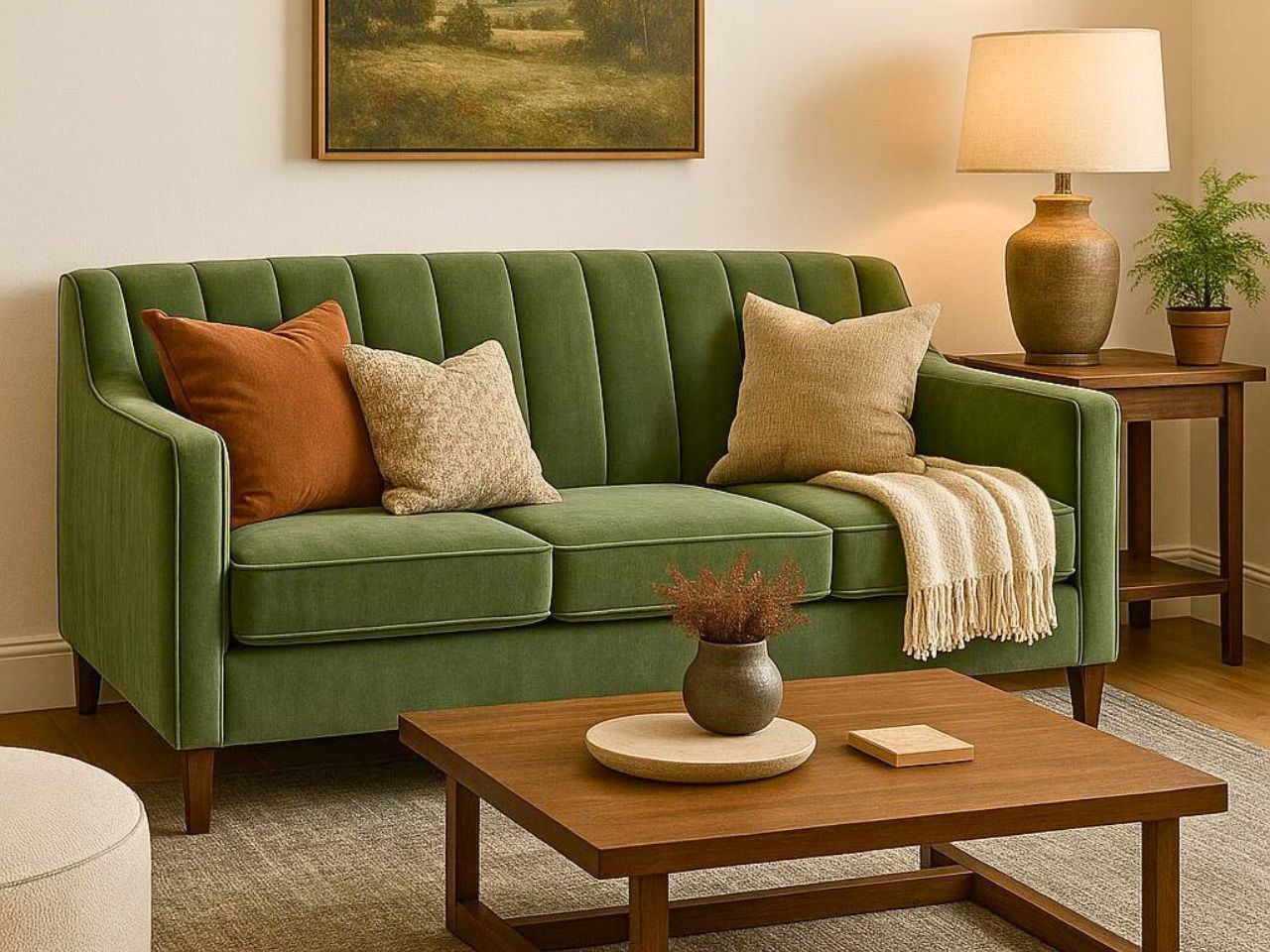 Custom Chanel sofa with decorative pillows and a wooden coffee table in a living room setting.