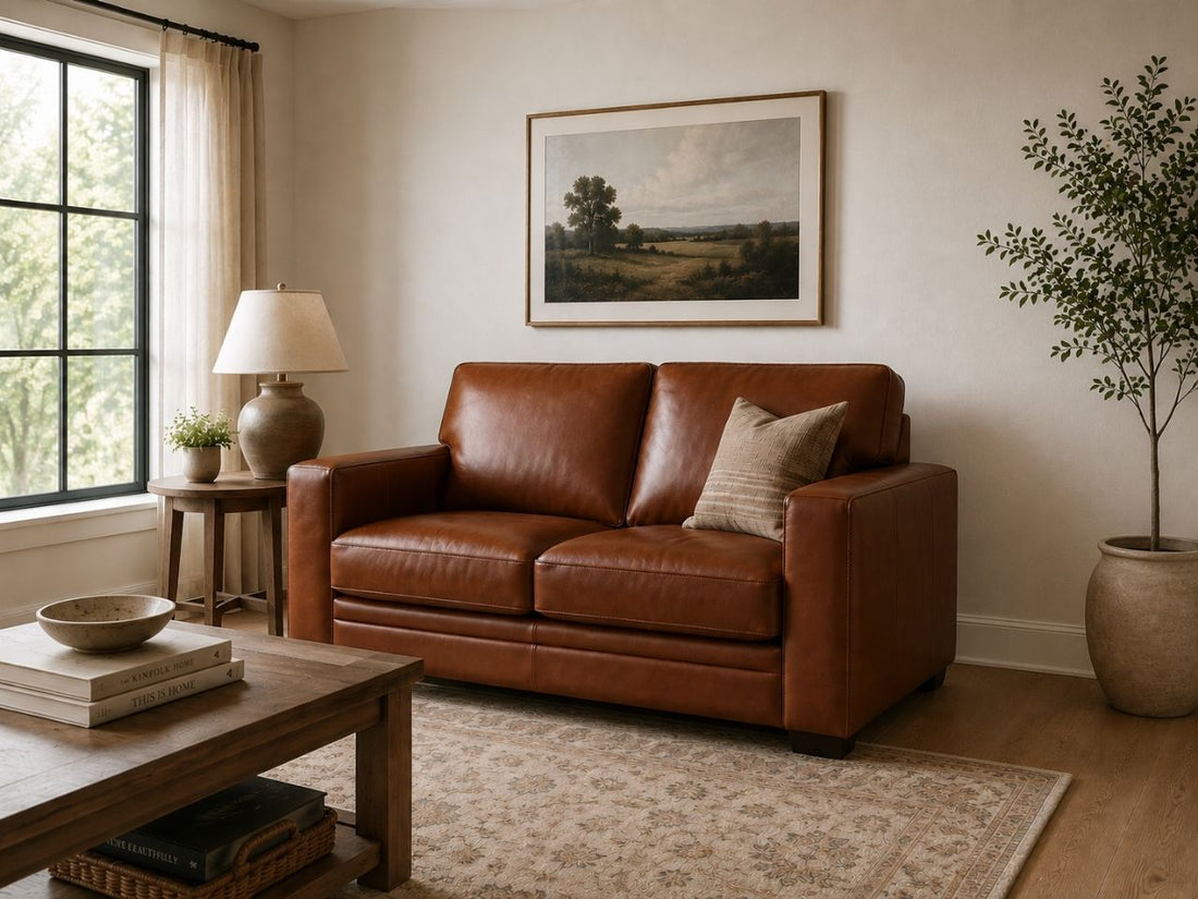 Brown leather loveseat in a warm modern living room with cozy neutral decor.