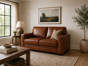 Brown leather loveseat in a warm modern living room with cozy neutral decor.