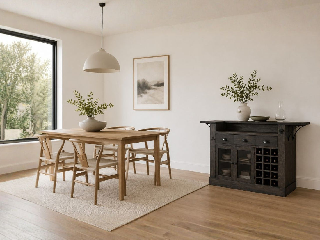 Rustic kitchen island with wine storage in a modern dining room.