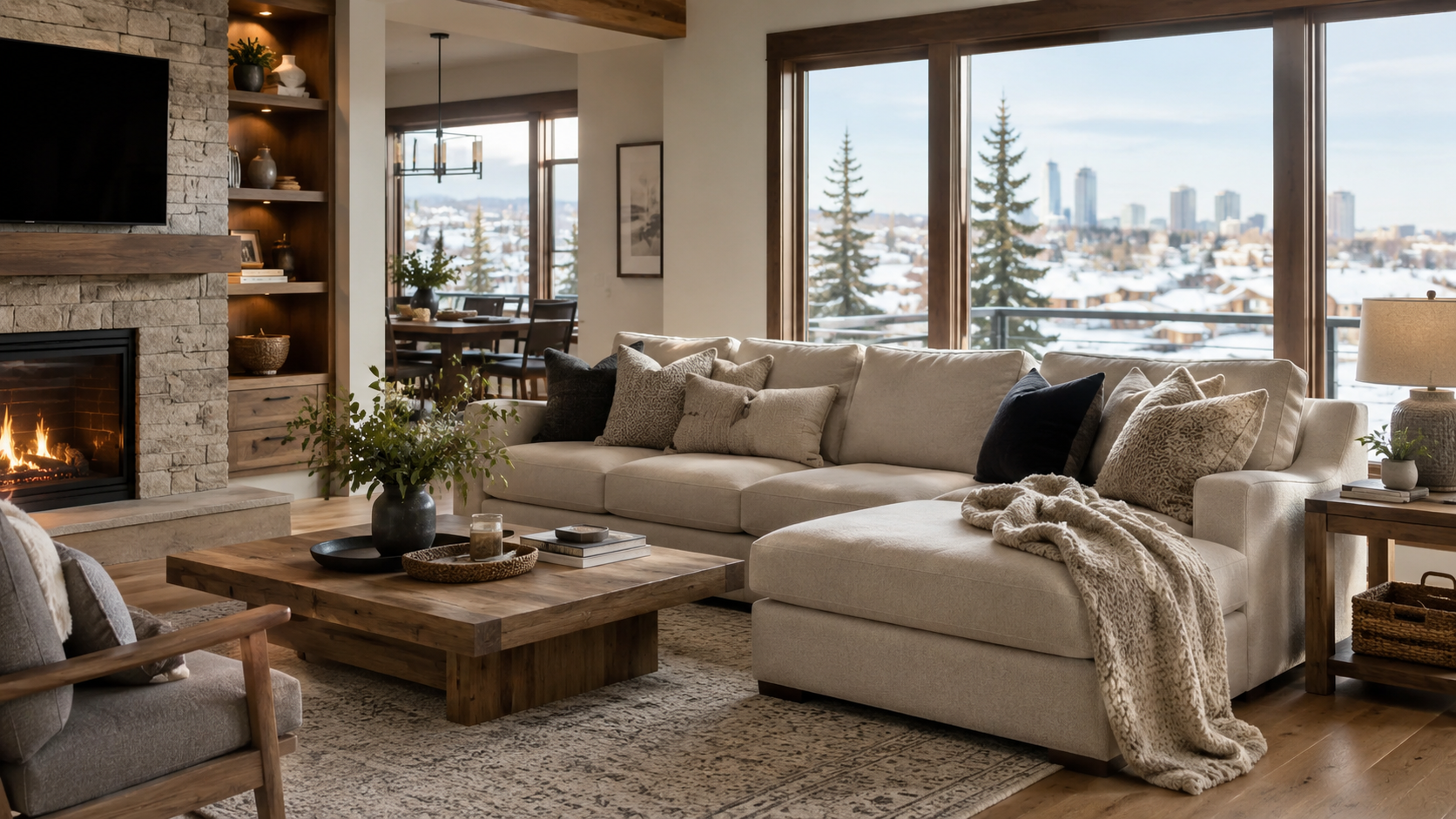 A large beige sectional sofa in Calgary with a chaise lounge in a modern, cozy living room. The sofa is styled with neutral and black throw pillows and a textured cream blanket draped over the chaise.