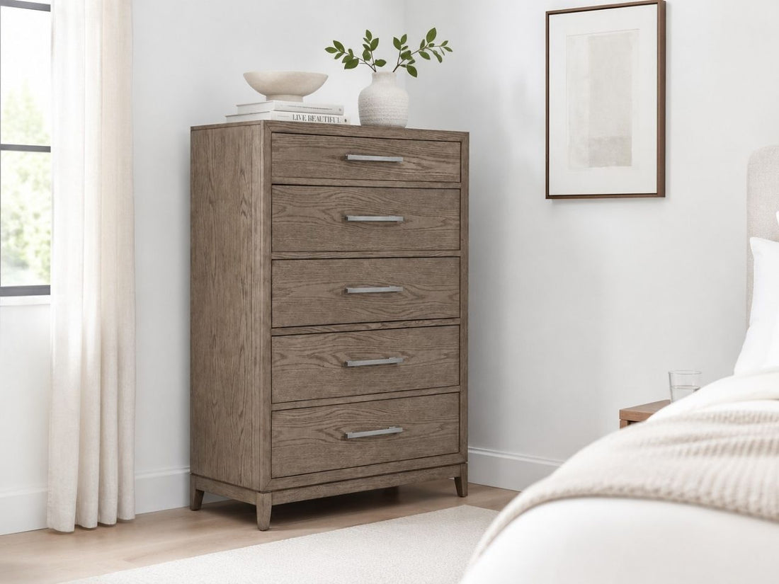 Brown wood chest with five drawers and modern farmhouse style.