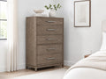 Brown wood chest with five drawers and modern farmhouse style.