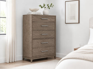 Brown wood chest with five drawers and modern farmhouse style.