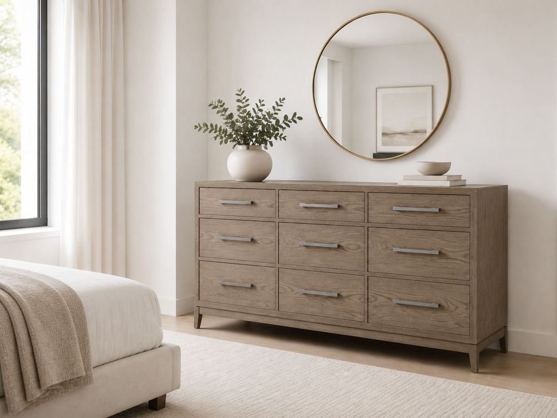Light wood dresser with nine drawers and modern minimalist style.