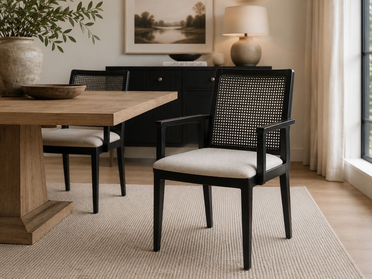 Clara Black Dining Armchair in Calgary in a dining room setting. 