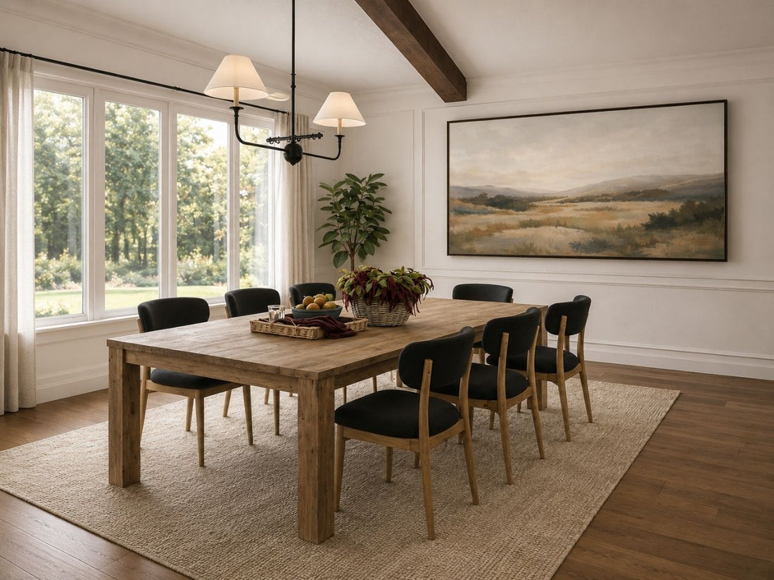 Solid wood dining table with six chairs in a bright dining room.