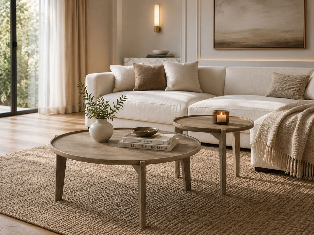 Round nesting coffee tables with a light wood finish styled in a warm and modern living room.