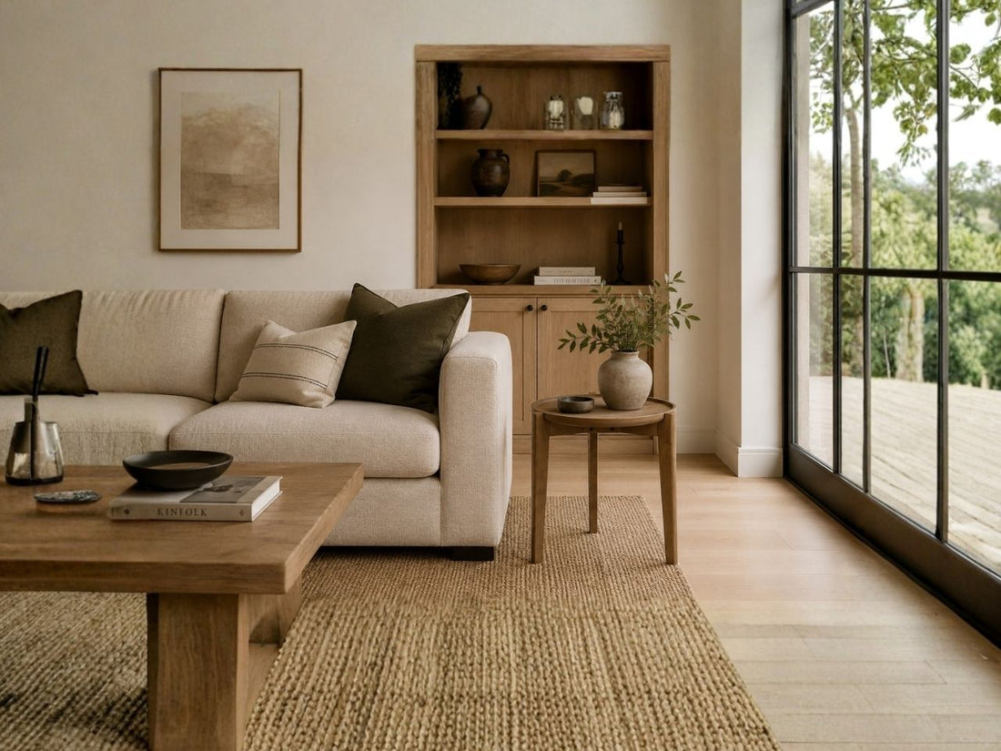Solid wood accent table beside a cream sofa in a warm modern living room.