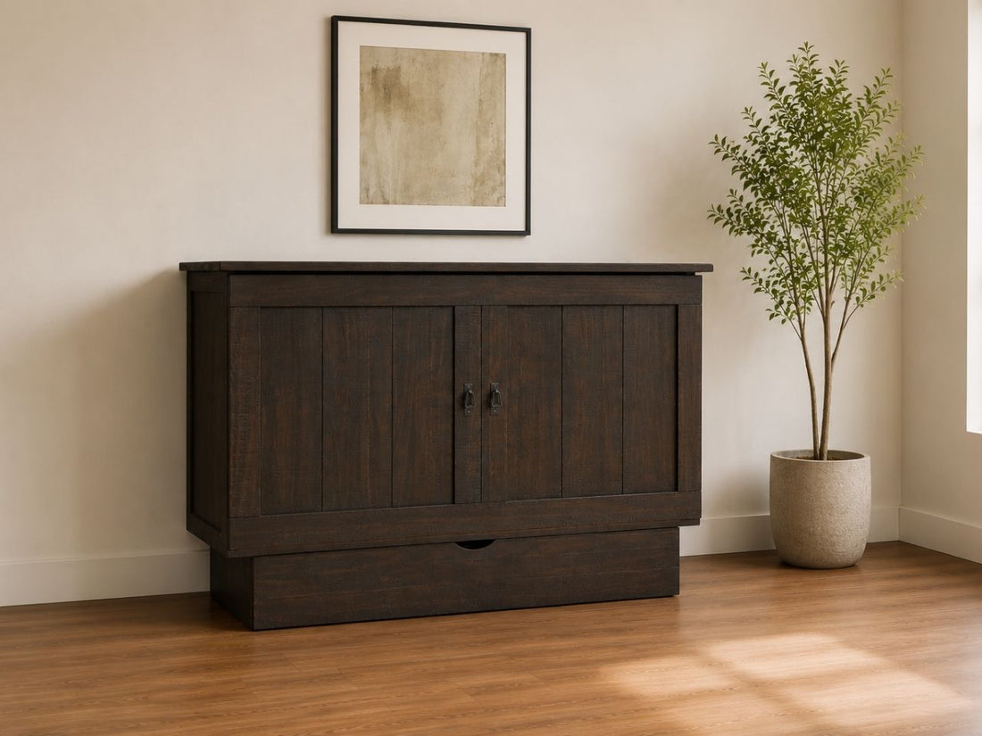 Rustic dark wood Murphy bed cabinet with farmhouse-inspired panel detailing and warm natural styling.