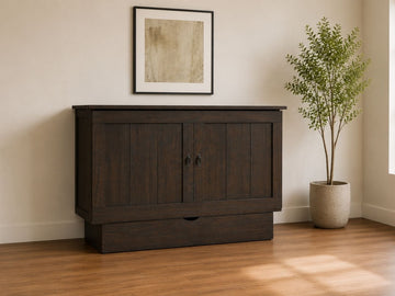 Rustic dark wood Murphy bed cabinet with farmhouse-inspired panel detailing and warm natural styling.