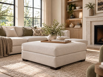 Cream upholstered ottoman in a bright, modern living room with warm neutral décor.