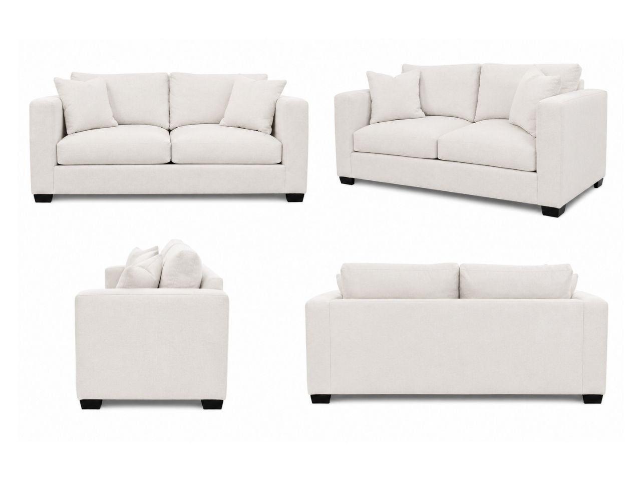 Neutral fabric loveseat with plush cushions shown from multiple angles on a white background. Available in fabric and leather upholstery options.