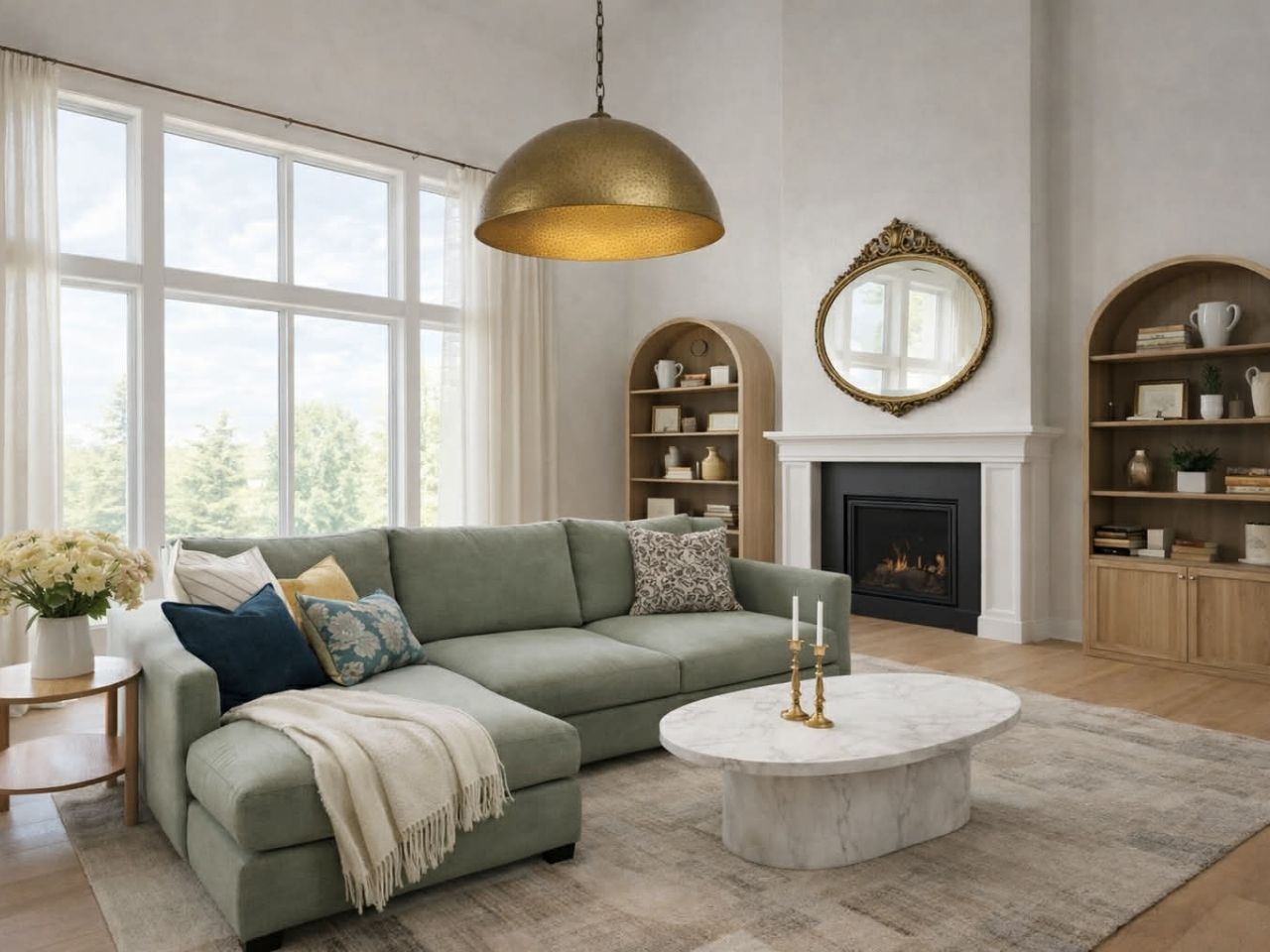 Green fabric sectional sofa with deep seating and chaise. 