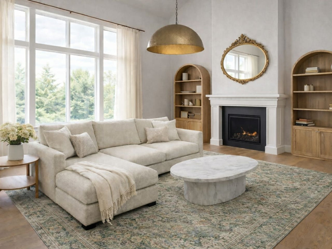 Green fabric sectional sofa with deep seating and chaise. 
