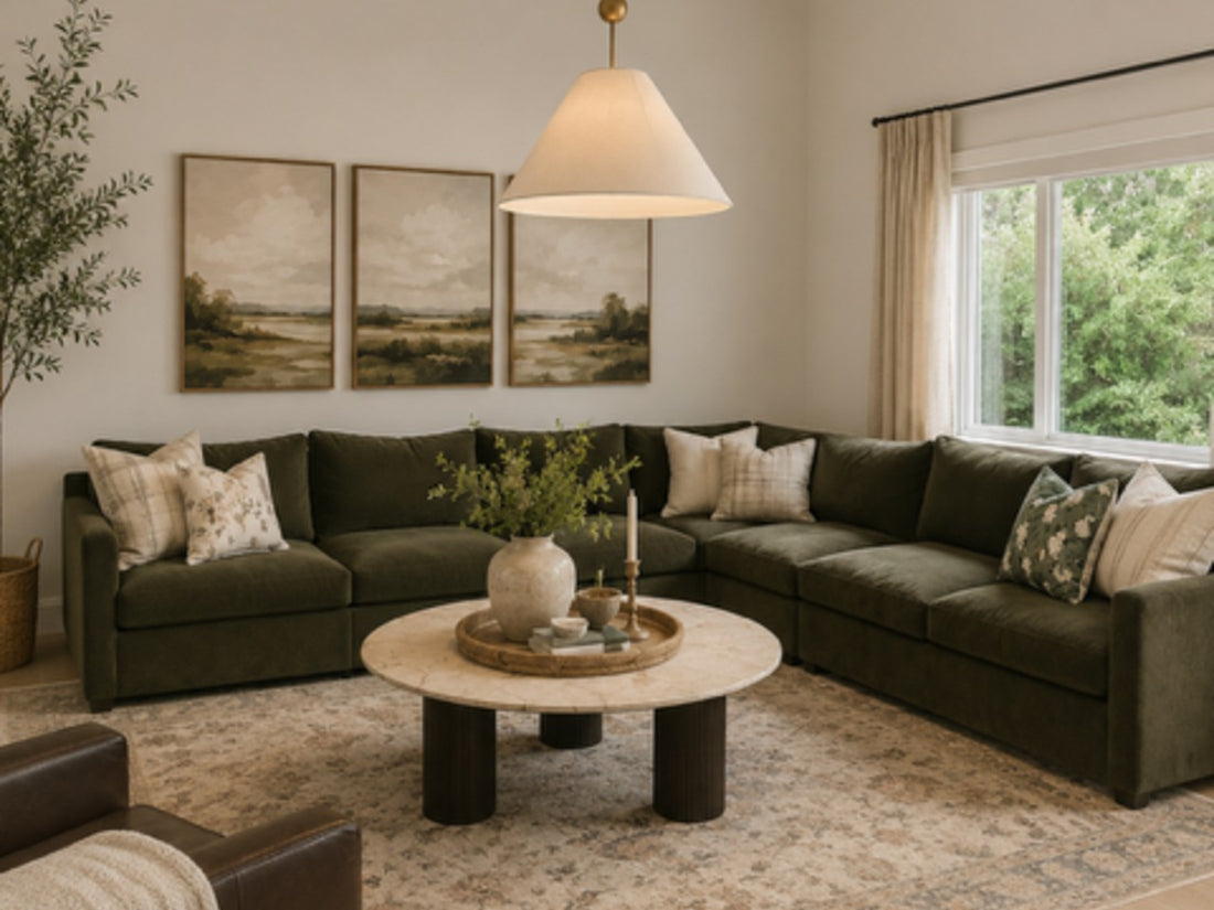 An L-shaped Coastal sectional sofa upholstered in dark olive green fabric, styled in a cozy living room with beige and green patterned throw pillows.