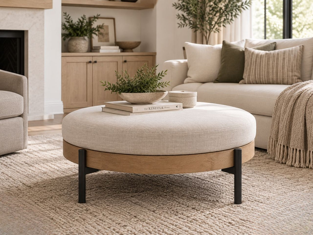 Round cream upholstered ottoman with a natural wood frame and black metal legs.