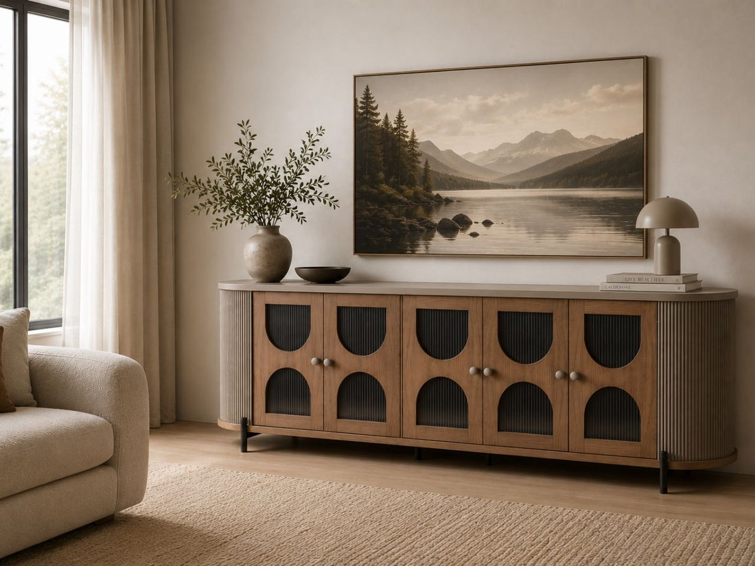 Modern sideboard with arched glass doors and fluted sides.