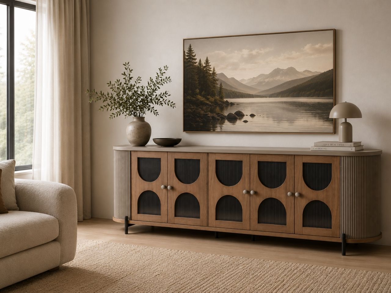 Modern sideboard with arched glass doors and fluted sides.