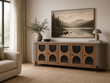 Modern sideboard with arched glass doors and fluted sides.